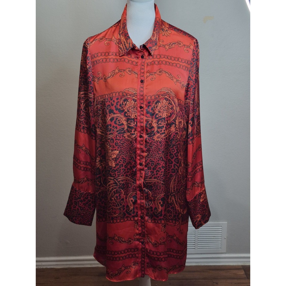 Zara Women's M Satin Shirt Dress Red Baroque Leopard Chain Print Side Button